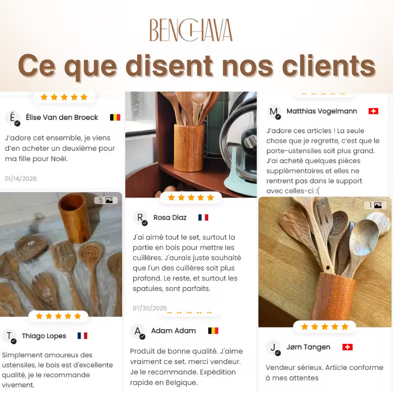 Ensemble d'ustensiles en bois de teck naturel Benchava