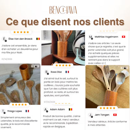 Ensemble d'ustensiles en bois de teck naturel Benchava