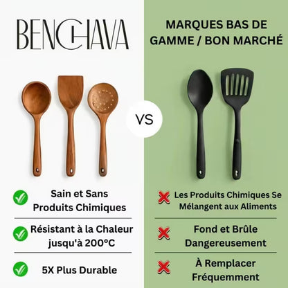 Ensemble d'ustensiles en bois de teck naturel Benchava