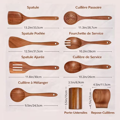 Ensemble d'ustensiles en bois de teck naturel Benchava