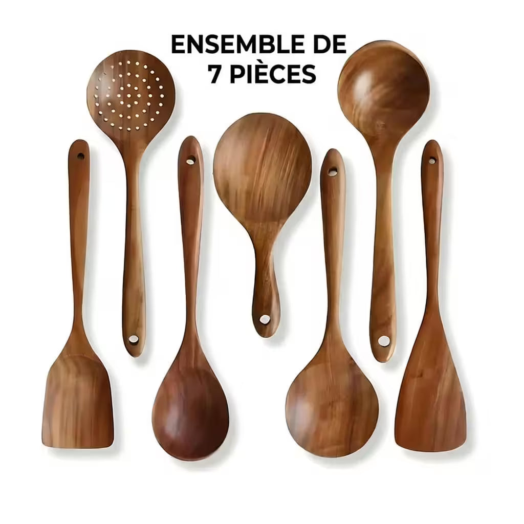 Ensemble d'ustensiles en bois de teck naturel Benchava