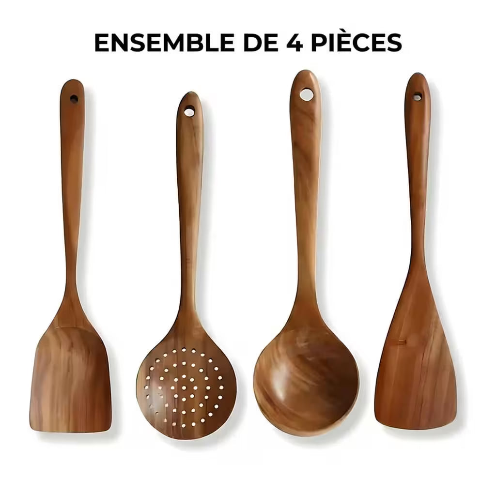 Ensemble d'ustensiles en bois de teck naturel Benchava