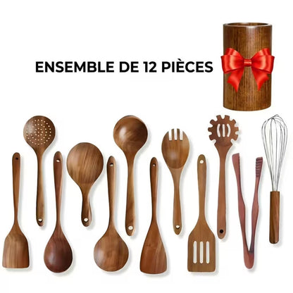 Ensemble d'ustensiles en bois de teck naturel Benchava