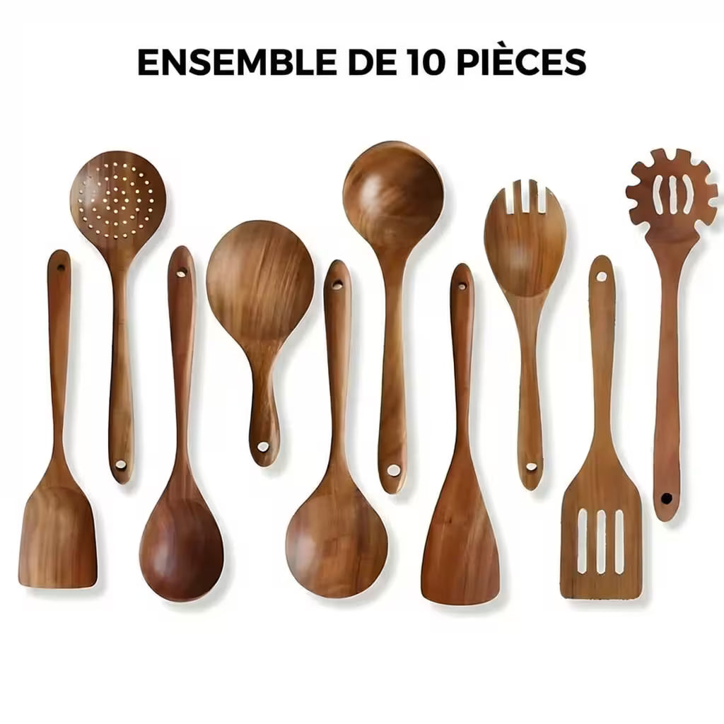 Ensemble d'ustensiles en bois de teck naturel Benchava